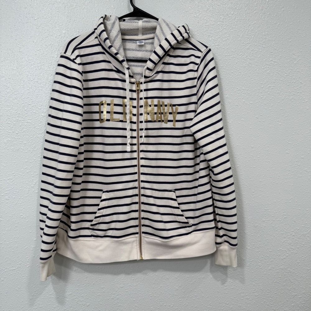 Old Navy Womens Striped Zip Hoodie Gold Logo Cream Navy Blue Size L